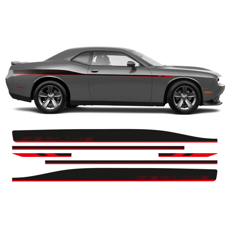 REDLINE Side Stripes, Dodge Challenger 2011-2020 black matt red gloss